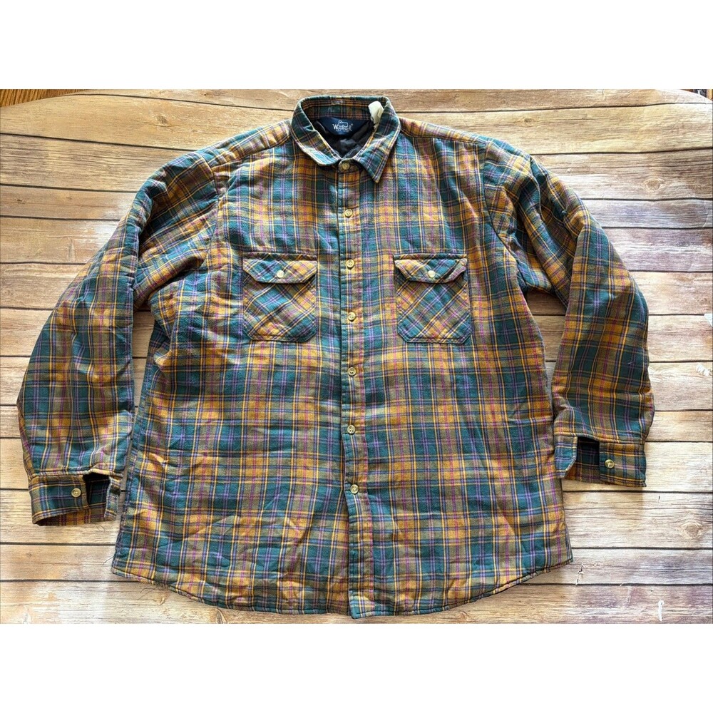 Vintage Woolrich Flannel Jacket Quilted Lining Brown Green Plaid XL
